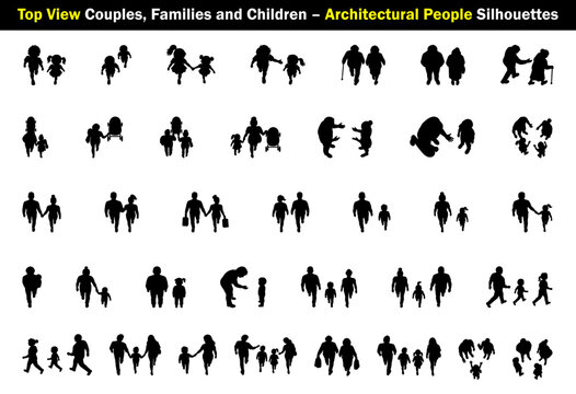 Top View Couples, Families and Children Silhouette Set for Architectural People, parents with kids, walking, standing, playing, guiding and family interaction figures vector illustration