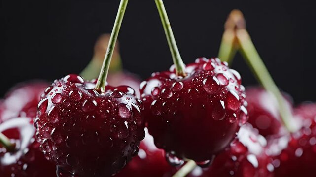 Close-up of ripe, glistening red cherries with dew drops on stems against a dark background