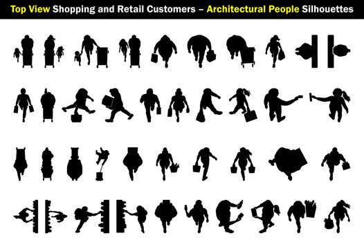 Top View Shopping and Retail Customers Silhouette Set for Architectural People, shoppers with bags, carts, walking, carrying and checkout figures vector illustration