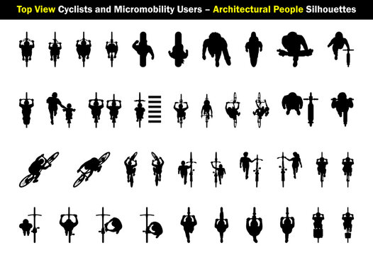 Top View Cyclists and Micromobility Users Silhouette Set for Architectural People, bicycle riders, commuters, cycling, pushing and parked bike figures vector illustration
