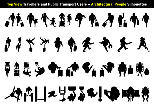 Top View Travellers and Public Transport Users Silhouette Set for Architectural People, commuters with luggage, passengers, walking, waiting and mobility figures vector illustration