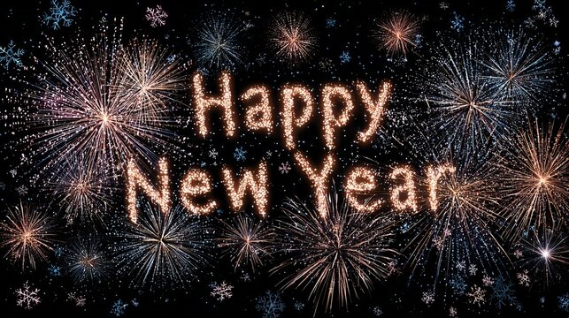 Happy new year text illuminated by bright colorful explosive fireworks display against dark night sky for celebratory festive holiday cards