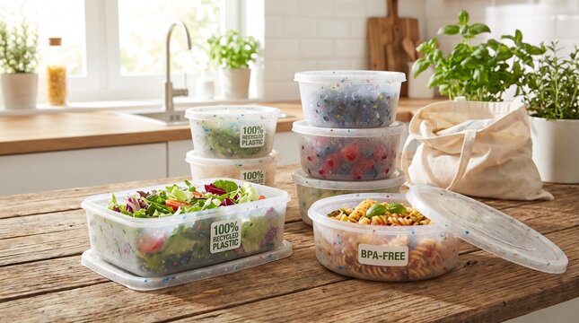 Eco friendly recycled plastic food containers on kitchen countertop with salad with collection clear plastic containers made 100 filled salad bpa free sustainable ecofriendly