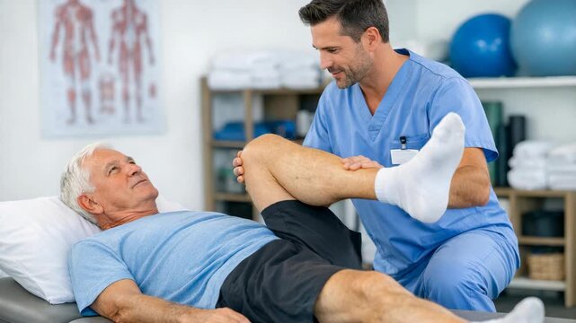 A doctor performing a medical examination of a man's knee in a professional setting.