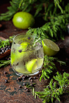 Cocktail Gin and tonic  with ice,  juniper berries, and a lime wedges.