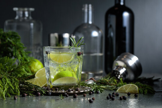 Cocktail Gin and tonic  with ice,  juniper berries, and a lime wedges.