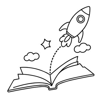 growth mindset lineart rocket launching from open book learning journey hand drawn black and white outline