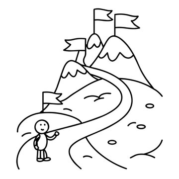 growth mindset lineart mountain path with flags labeled progress perseve hand drawn black and white outline