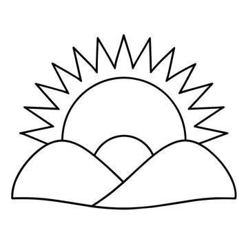 growth mindset lineart sun rising behind mountains labeled new start hand drawn black and white outline