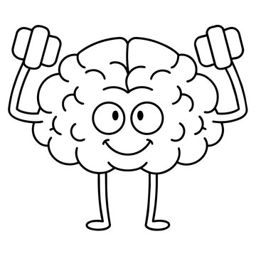 growth mindset lineart smiling brain lifting tiny weights mental strength hand drawn black and white outline