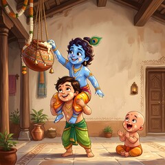 Cute cartoon illustration of little Krishna stealing butter from a hanging pot during Janmashtami festival celebrations in a traditional Indian house setting.