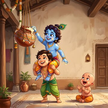 Cute cartoon illustration of little Krishna stealing butter from a hanging pot during Janmashtami festival celebrations in a traditional Indian house setting.