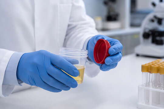 laboratory photo showing the gloved hands of a medical laboratory technician preparing an unbranded urine specimen container for diagnostic testing