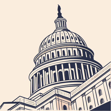 Detailed architectural line art illustration of classic capitol dome building exterior