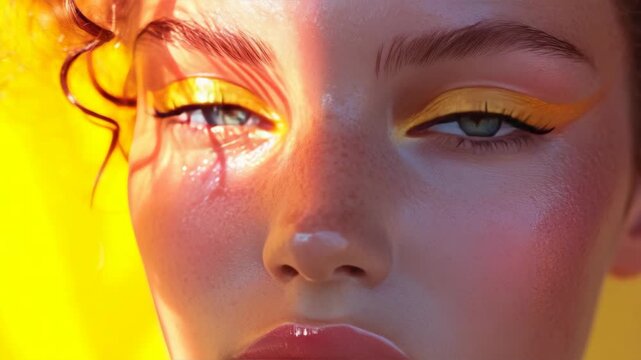 The showcases the intricate artistry of beauty with a focus on this individual's striking eye makeup and radiant complexion. The warm glow against the cool background creates a dramatic contrast.