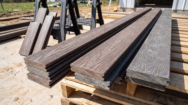 Brown plastic lumber planks stacked on wooden pallets outdoors with construction materials background outdoor setting construction sustainable building recycled materials