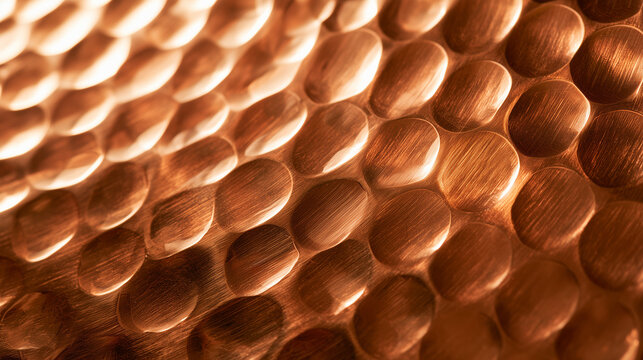 Hammered copper surface texture background with dimpled facets and warm shine