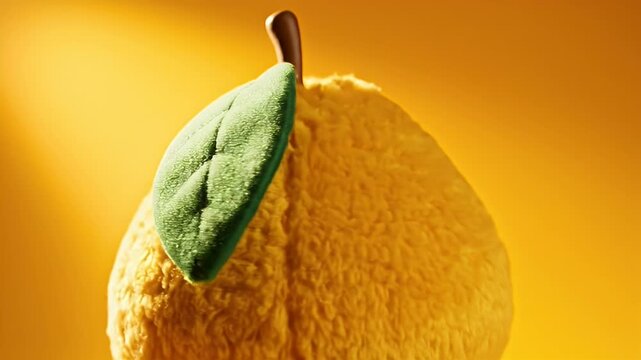 Close-up shot of a ripe fuzzy yellow peach with textured skin and a green stem