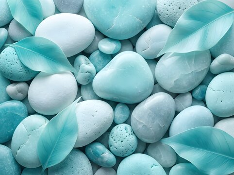 Close-Up Macro Composition of Textured Sea Glass Stones and Delicate Mint Leaves in Soft Pastel Blue-Gray Hue