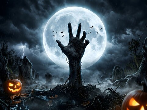 Eerie Zombie Hand Emerging from Graveyard Ruins Under a Glowing Full Moon with Carved Jack-O'-Lanterns and Dark Stormy Sky