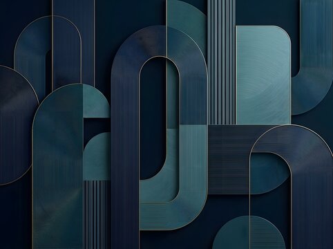 Elegant Abstract Geometric Design Featuring Interlocking Shapes in Moody Teal and Deep Navy Hues with Textured Luxury Aesthetic