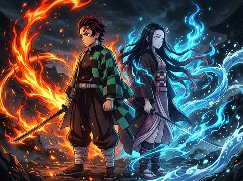 Epic Anime Warriors Wielding Fire and Water Elements in Dynamic Battle Stance Against Dark Stormy Sky Background