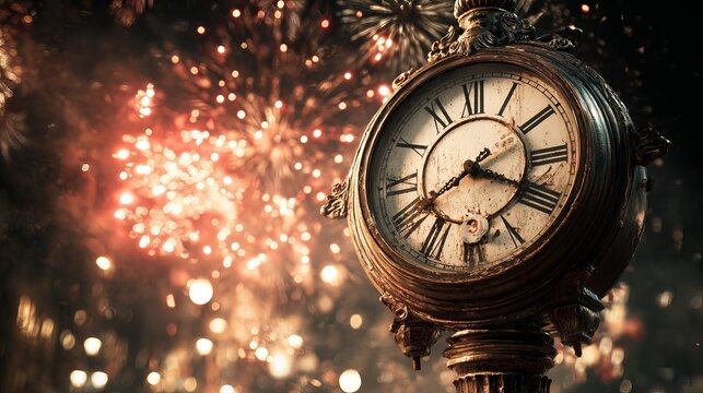 Antique ornate clock face displayed against a blurred background of vibrant colorful fireworks celebrating the arrival of a new year