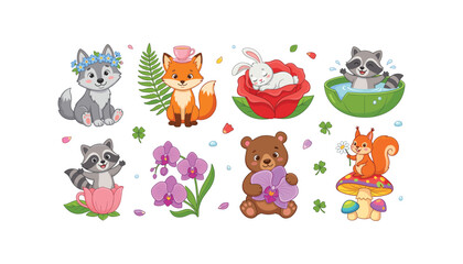 Obraz premium Cute Woodland Animals Vector Character Set with Cartoon Wolf Fox Bunny Raccoon Bear and Squirrel with Flowers for Kids Nursery Graphic Designs