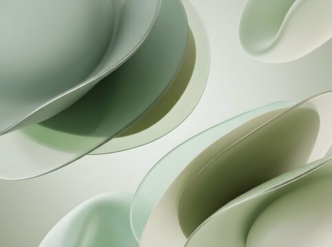 Ethereal Abstract Composition of Fluidic Greenish-Gray Organic Curves and Translucent Overlapping Forms in Soft Gradient Light
