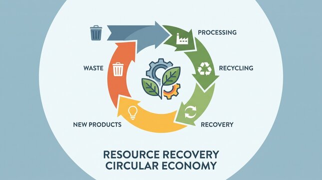 Resource recovery circular economy process cycle infographic with waste management depicts circular new products eco friendly sustainability conservation environment with processing