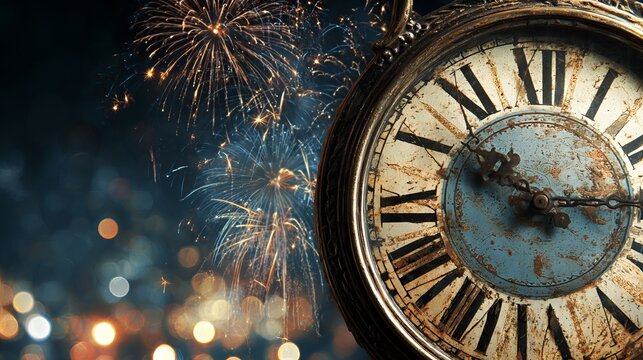 Vintage ornate pocket clock counting down to midnight against a backdrop of glowing golden fireworks displays and colorful bokeh lights