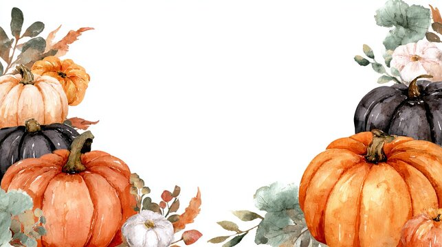 Festive watercolor pumpkin border featuring orange white and black gourds decorated with rustic autumn foliage for seasonal holiday invitation designs