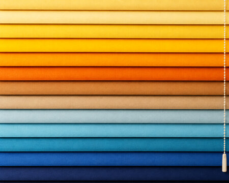 Persiana estor gama de colores crom&aacute;tico tonalidad amarillo, naranja y azul decoraci&oacute;n ventana celos&iacute;a multicolor decorativa y colorido