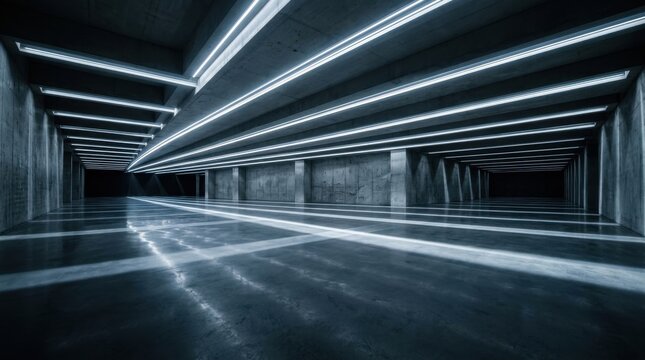 Modern Industrial Concrete Tunnel Interior with Long Linear LED Overhead Lighting Strips Creating Perspective and Dramatic Shadows for Architectural