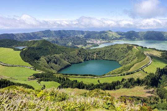 Sete Cidades Azores landscape nature on Sao Miguel island volcanic lake crater in Portugal