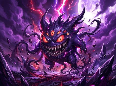 Mysterious Dark Fantasy Demon with Glowing Eyes Emerging from Swirling Purple and Red Energy Storm