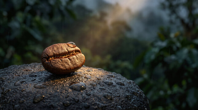 Single roasted coffee bean resting on a wet dark stone surface