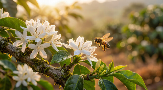 Honey bee flying near white coffee blossoms on a sunny morning