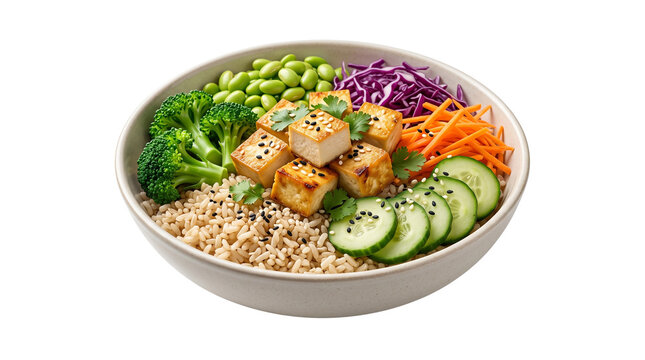 Healthy tofu buddha bowl with brown rice and fresh vegetables. Vegan poke bowl with broccoli, edamame and carrots. Nutritious plant-based meal on white background.