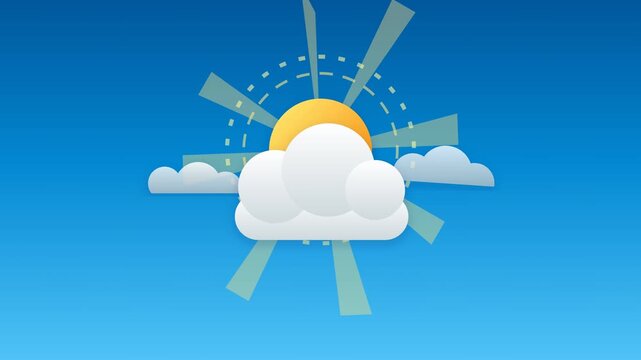 Flat Vector Sunburst with Rotating Clouds Motion Graphic Loop Background 4K