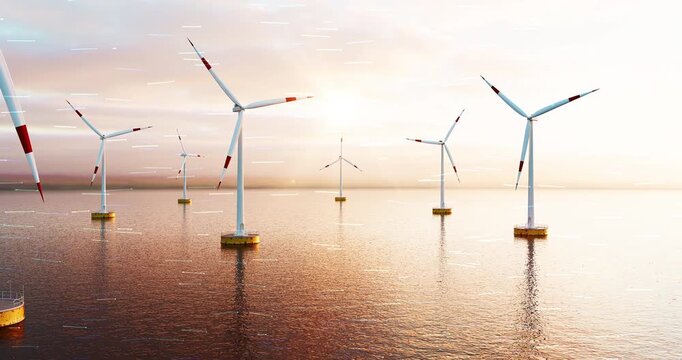 Futuristic offshore wind turbines harnessing power with abstract wind vector graphics. Sustainable energy related 3d animation.