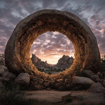 Large, circular rock formation framing a stunning sunset vista with rocky terrain