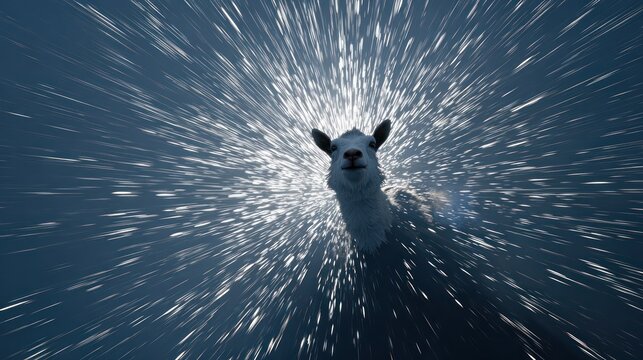 A white llama stares forward, framed by bright, radiating light against a dark, blurry background
