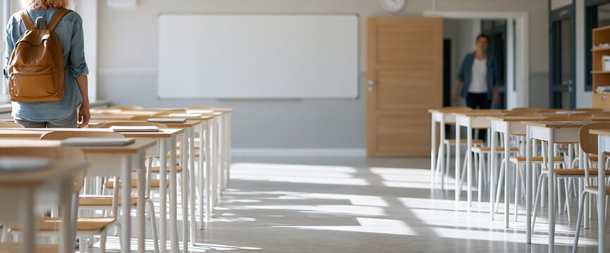 Student entering empty classroom with backpack