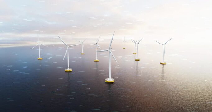 Clean energy offshore wind farm spinning above dynamic ocean waves animation. Sustainable energy related 3d animation.