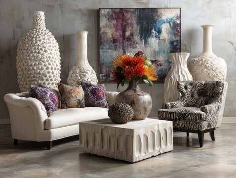 Elegant Living Room Scene with Decorative Vases and Furniture.
