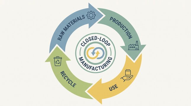 Closed loop manufacturing process with production use recycle with circular economy green technology circular diagram raw materials supply chain sustainability conservation