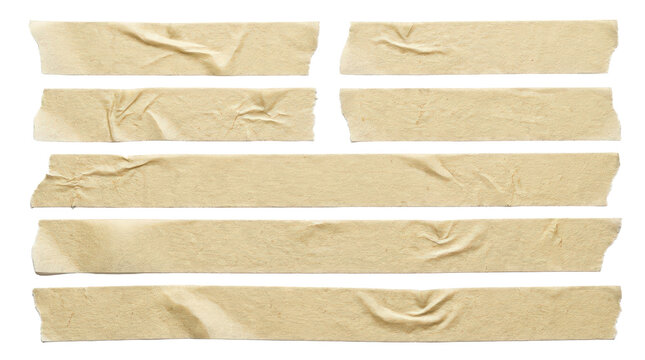 Assorted long strips of wrinkled masking tape isolated on transparent background