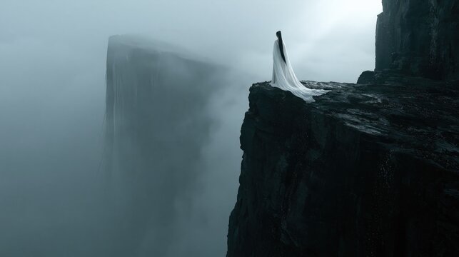 Expanding Horizon woman standing on cliff edge in fog contemplating new beginnings and future vision