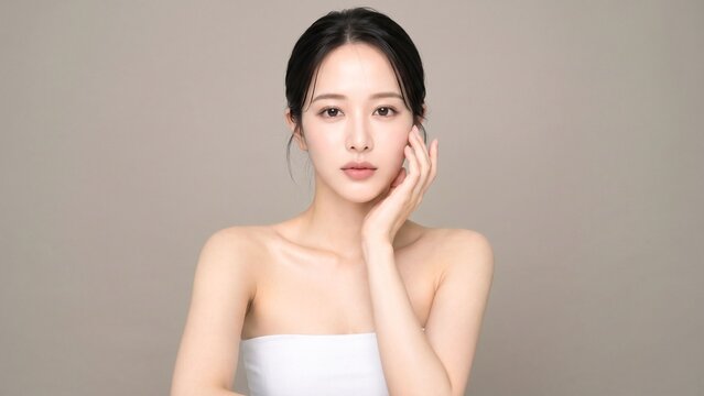 落ち着いたグレージュ背景で頬に手を添えて正面を見つめる若い日本人女性、デコルテとなめらかな美肌を上品に見せたスキンケア・美容広告向けポートレート